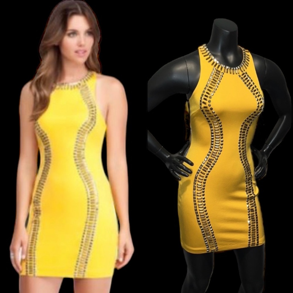 Bebe Embellished/Studded Yolk Yellow Bodycon Sleeveless Dress, XS